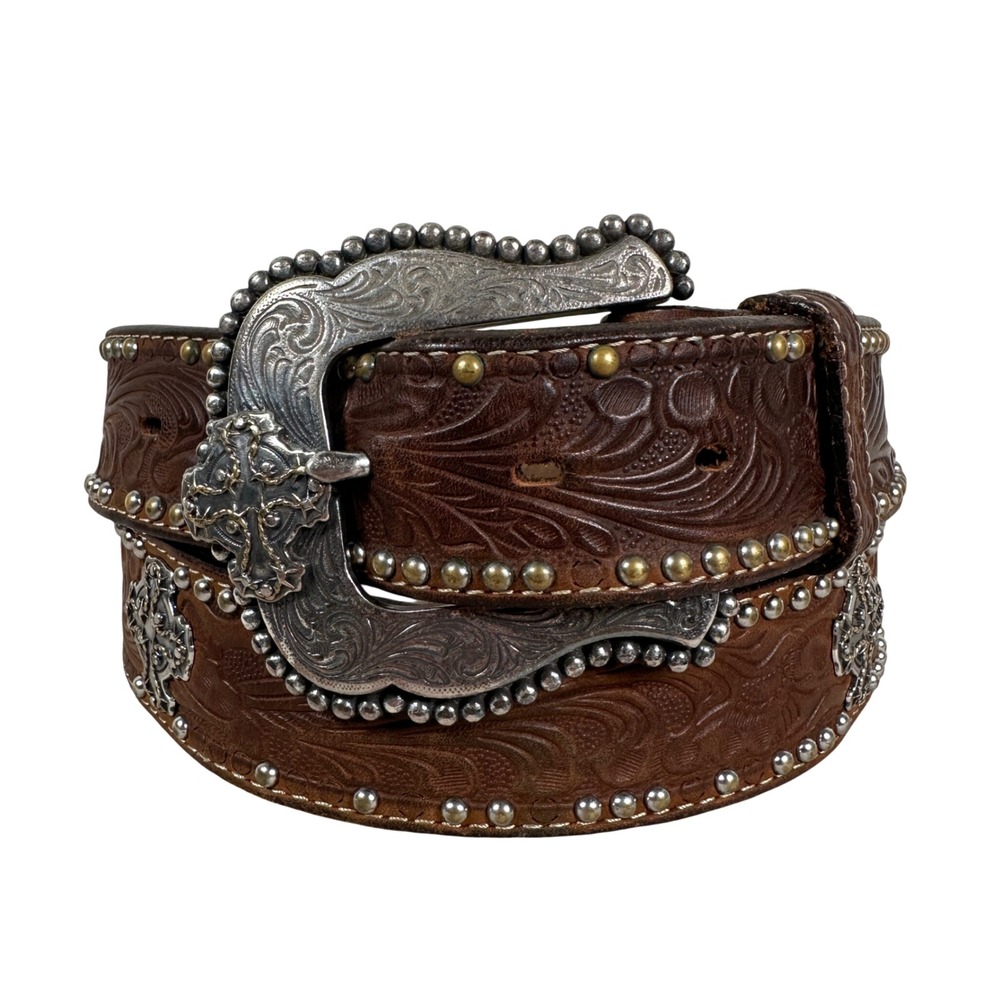 Mens Brown Tooled Leather Western Belt Silver Cross Conchos Studded Size 38